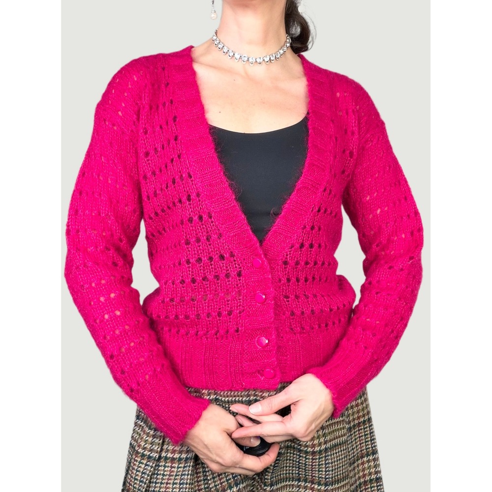 Vintage Mohair Wool Blend Cardigan Sweater V-Neck Pointelle Knit Pink Button S